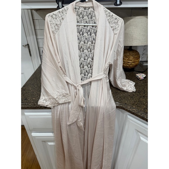 Other - Vintage Style Champagne Pink Satin  Lace Long Robe Wrap Belted Lingerie unsized